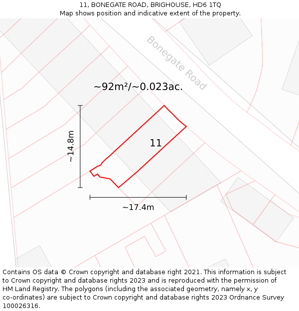 11, BONEGATE ROAD, BRIGHOUSE, HD6 1TQ: Plot and title map