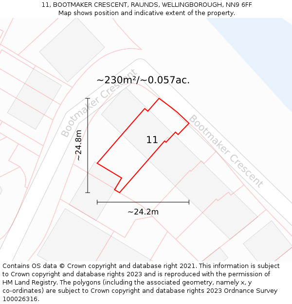 11, BOOTMAKER CRESCENT, RAUNDS, WELLINGBOROUGH, NN9 6FF: Plot and title map