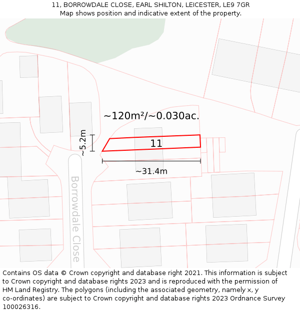 11, BORROWDALE CLOSE, EARL SHILTON, LEICESTER, LE9 7GR: Plot and title map