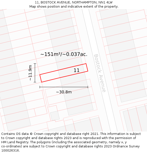 11, BOSTOCK AVENUE, NORTHAMPTON, NN1 4LW: Plot and title map