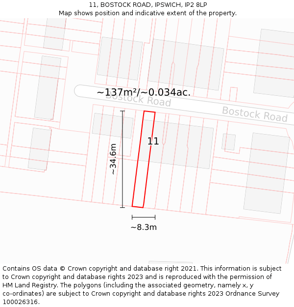 11, BOSTOCK ROAD, IPSWICH, IP2 8LP: Plot and title map