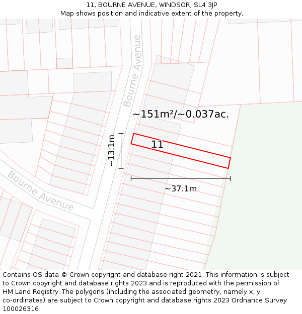 11, BOURNE AVENUE, WINDSOR, SL4 3JP: Plot and title map
