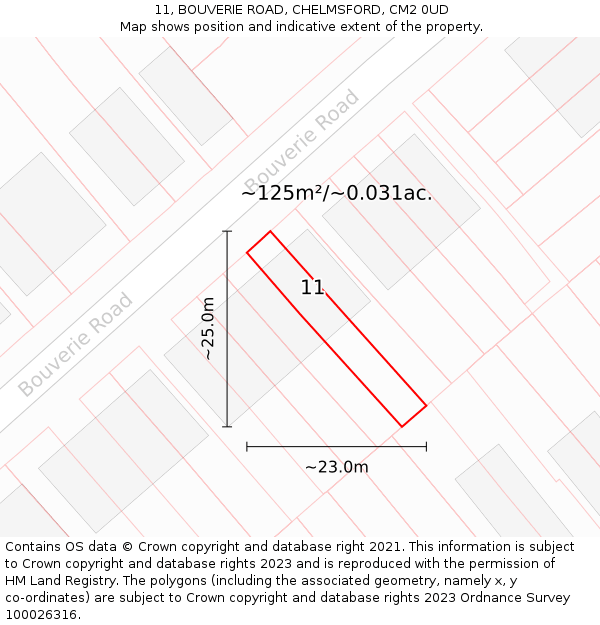11, BOUVERIE ROAD, CHELMSFORD, CM2 0UD: Plot and title map