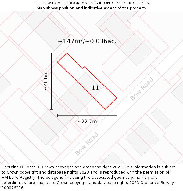 11, BOW ROAD, BROOKLANDS, MILTON KEYNES, MK10 7GN: Plot and title map