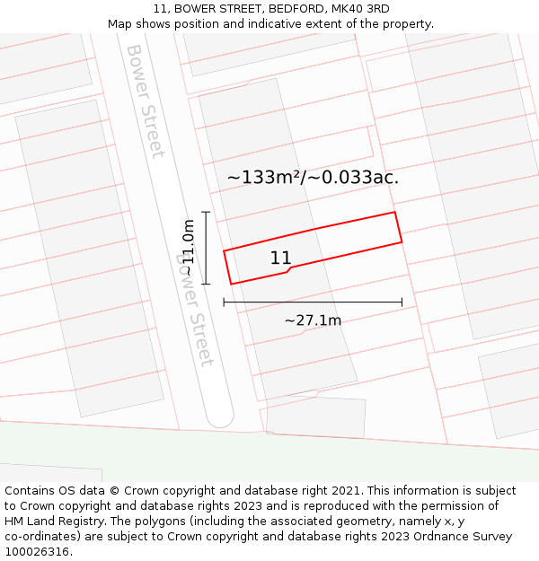 11, BOWER STREET, BEDFORD, MK40 3RD: Plot and title map