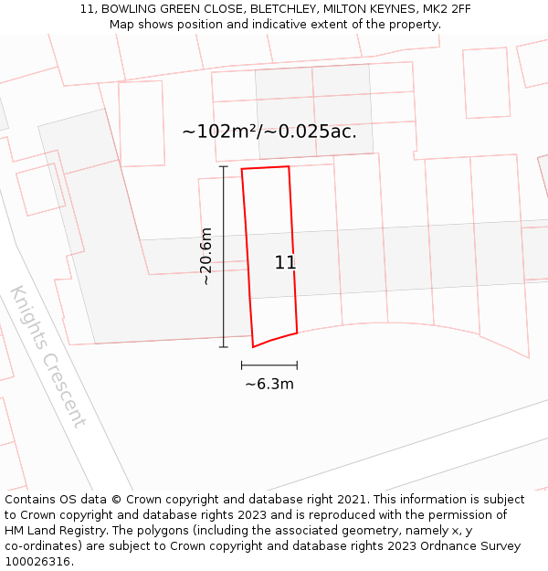11, BOWLING GREEN CLOSE, BLETCHLEY, MILTON KEYNES, MK2 2FF: Plot and title map