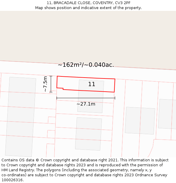 11, BRACADALE CLOSE, COVENTRY, CV3 2PF: Plot and title map