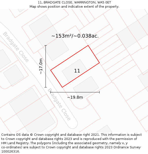 11, BRADGATE CLOSE, WARRINGTON, WA5 0ET: Plot and title map