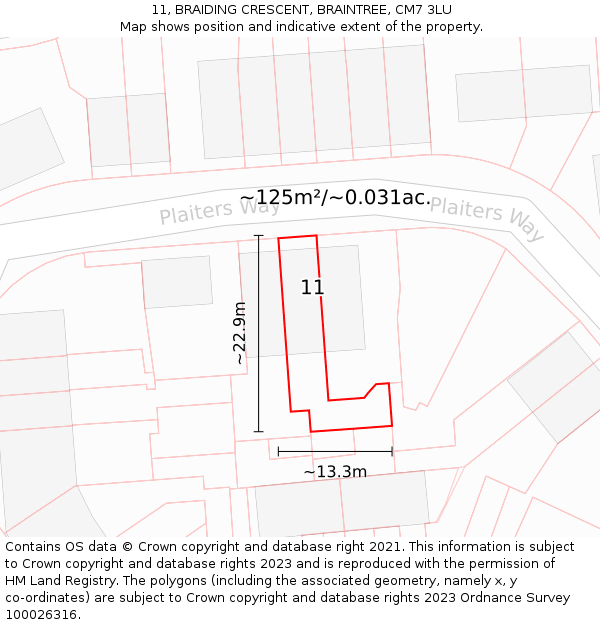 11, BRAIDING CRESCENT, BRAINTREE, CM7 3LU: Plot and title map