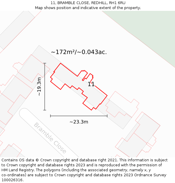 11, BRAMBLE CLOSE, REDHILL, RH1 6RU: Plot and title map