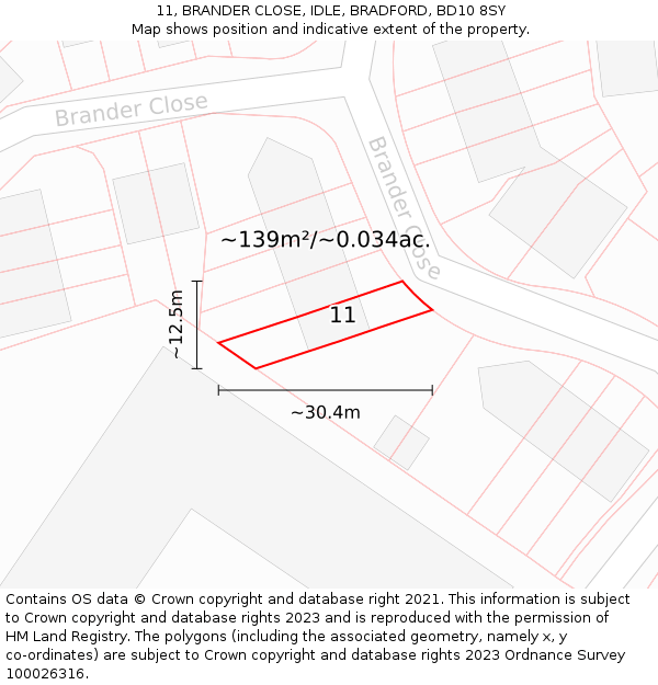 11, BRANDER CLOSE, IDLE, BRADFORD, BD10 8SY: Plot and title map