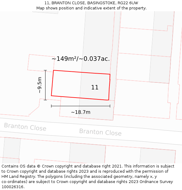 11, BRANTON CLOSE, BASINGSTOKE, RG22 6UW: Plot and title map