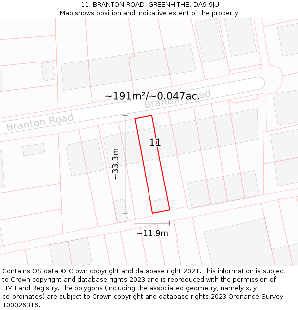 11, BRANTON ROAD, GREENHITHE, DA9 9JU: Plot and title map