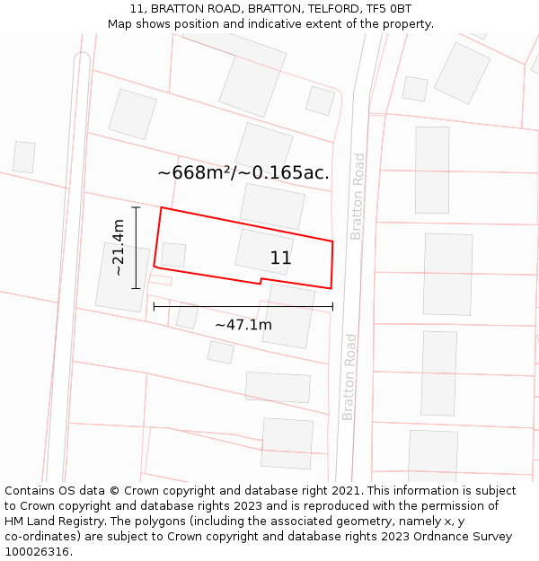 11, BRATTON ROAD, BRATTON, TELFORD, TF5 0BT: Plot and title map