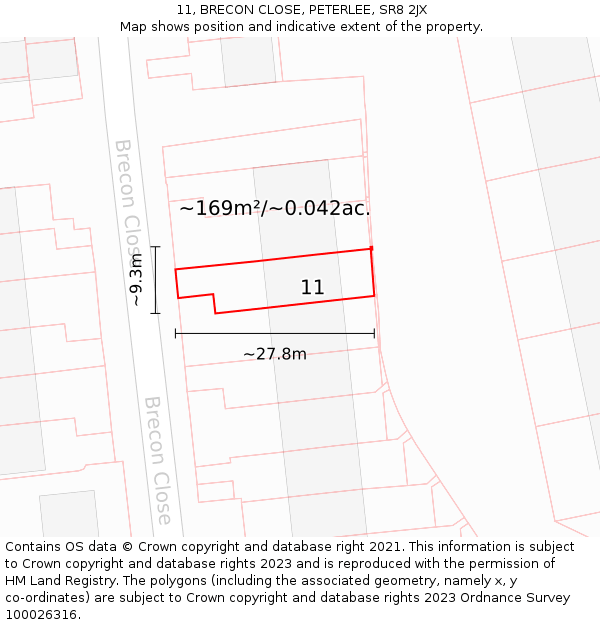 11, BRECON CLOSE, PETERLEE, SR8 2JX: Plot and title map