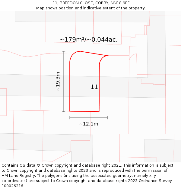 11, BREEDON CLOSE, CORBY, NN18 9PF: Plot and title map
