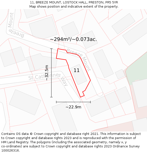 11, BREEZE MOUNT, LOSTOCK HALL, PRESTON, PR5 5YR: Plot and title map