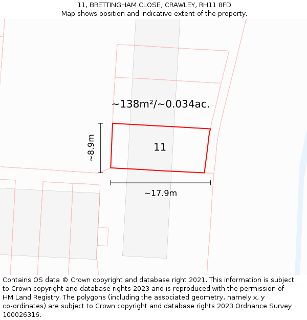 11, BRETTINGHAM CLOSE, CRAWLEY, RH11 8FD: Plot and title map