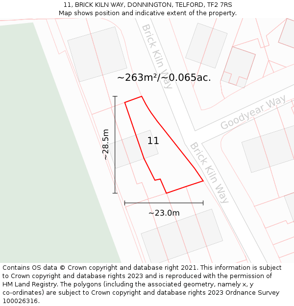 11, BRICK KILN WAY, DONNINGTON, TELFORD, TF2 7RS: Plot and title map