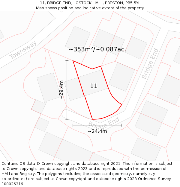 11, BRIDGE END, LOSTOCK HALL, PRESTON, PR5 5YH: Plot and title map