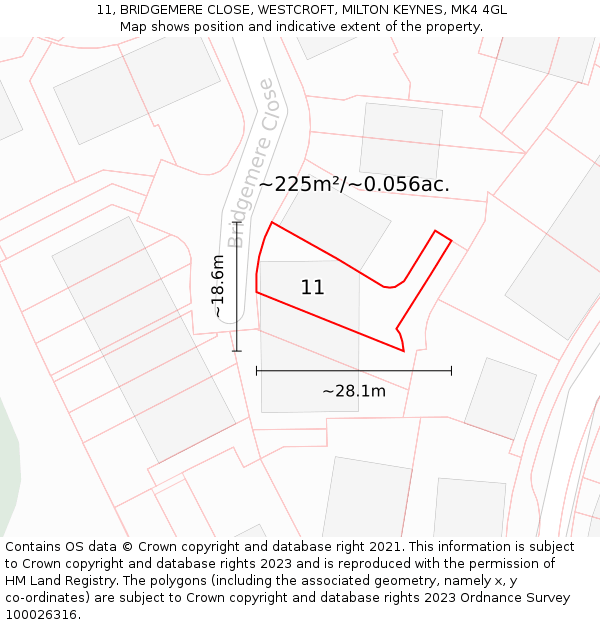 11, BRIDGEMERE CLOSE, WESTCROFT, MILTON KEYNES, MK4 4GL: Plot and title map