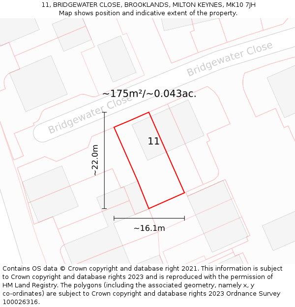 11, BRIDGEWATER CLOSE, BROOKLANDS, MILTON KEYNES, MK10 7JH: Plot and title map