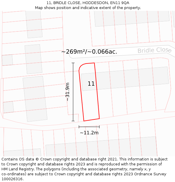 11, BRIDLE CLOSE, HODDESDON, EN11 9QA: Plot and title map