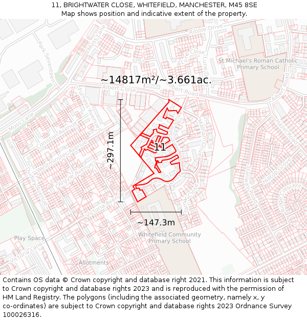11, BRIGHTWATER CLOSE, WHITEFIELD, MANCHESTER, M45 8SE: Plot and title map