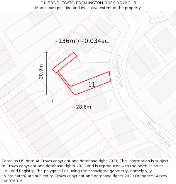 11, BRINDLEGATE, POCKLINGTON, YORK, YO42 2HB: Plot and title map