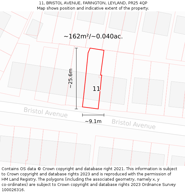 11, BRISTOL AVENUE, FARINGTON, LEYLAND, PR25 4QP: Plot and title map