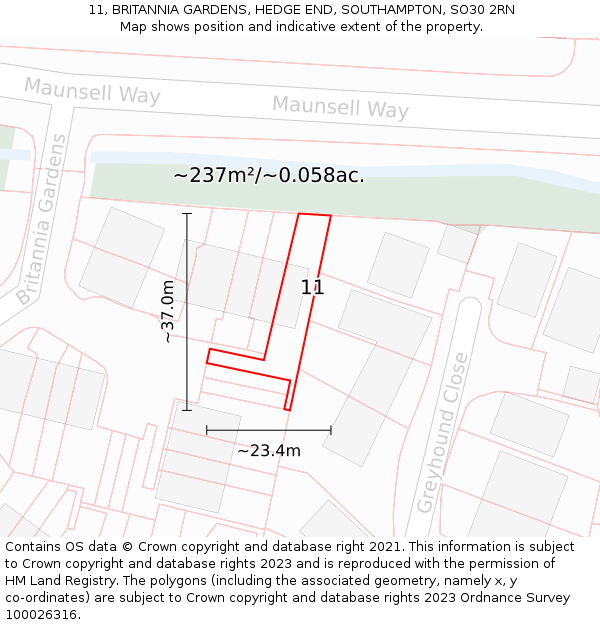 11, BRITANNIA GARDENS, HEDGE END, SOUTHAMPTON, SO30 2RN: Plot and title map