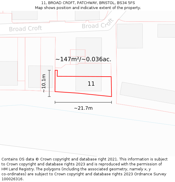 11, BROAD CROFT, PATCHWAY, BRISTOL, BS34 5FS: Plot and title map