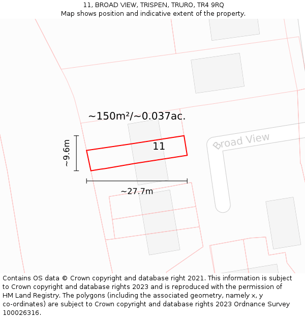 11, BROAD VIEW, TRISPEN, TRURO, TR4 9RQ: Plot and title map