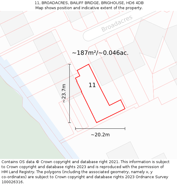 11, BROADACRES, BAILIFF BRIDGE, BRIGHOUSE, HD6 4DB: Plot and title map