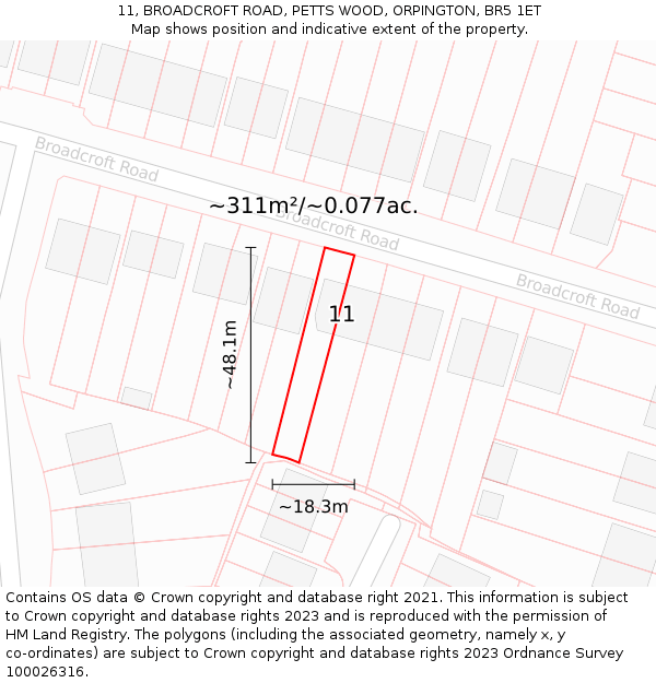 11, BROADCROFT ROAD, PETTS WOOD, ORPINGTON, BR5 1ET: Plot and title map