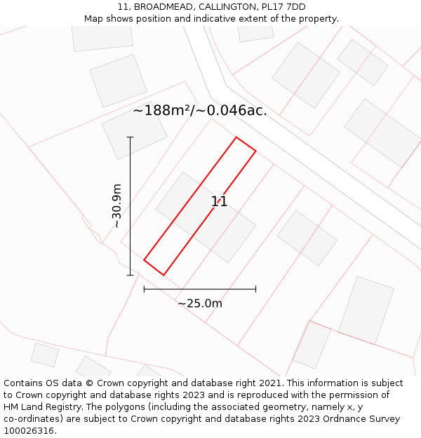 11, BROADMEAD, CALLINGTON, PL17 7DD: Plot and title map