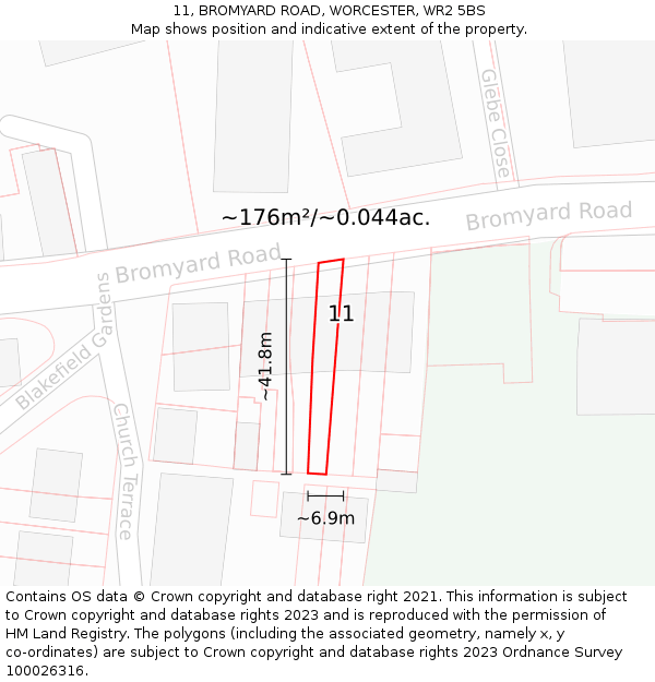 11, BROMYARD ROAD, WORCESTER, WR2 5BS: Plot and title map