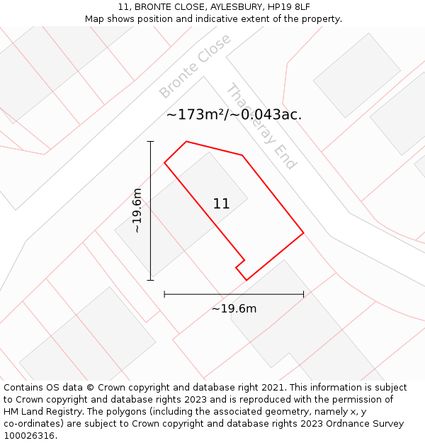 11, BRONTE CLOSE, AYLESBURY, HP19 8LF: Plot and title map
