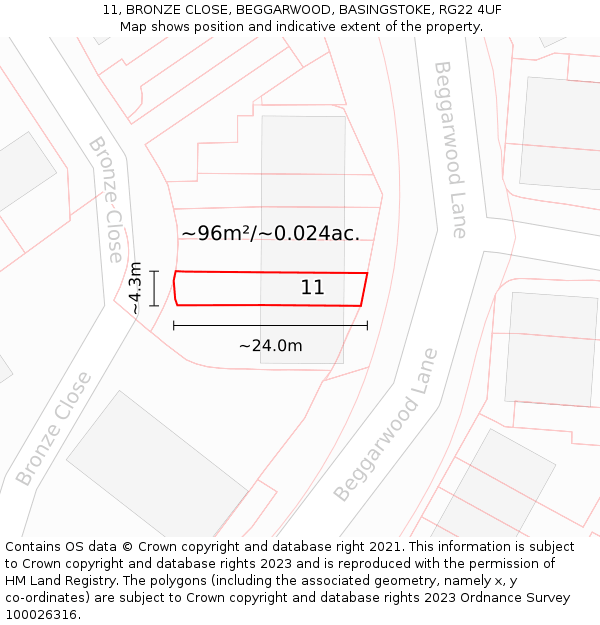 11, BRONZE CLOSE, BEGGARWOOD, BASINGSTOKE, RG22 4UF: Plot and title map