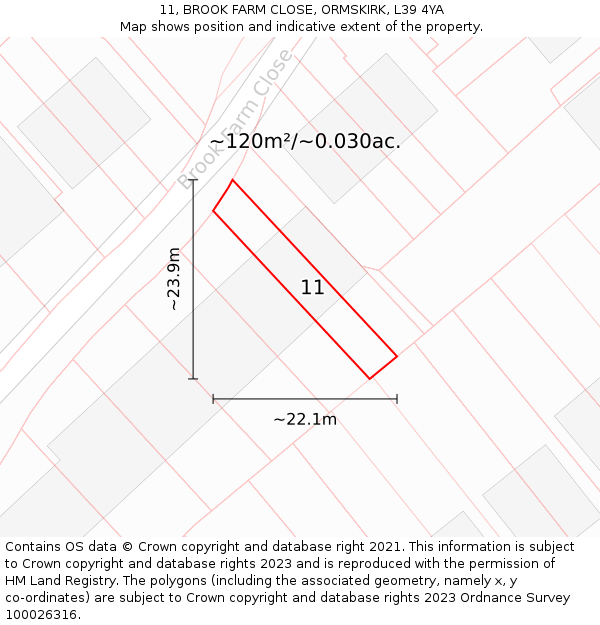 11, BROOK FARM CLOSE, ORMSKIRK, L39 4YA: Plot and title map