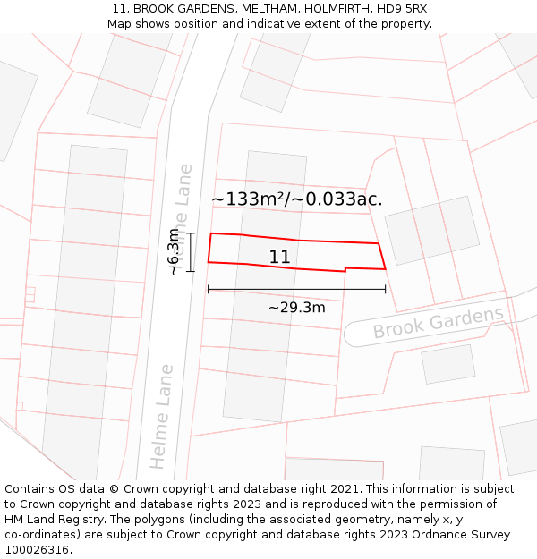 11, BROOK GARDENS, MELTHAM, HOLMFIRTH, HD9 5RX: Plot and title map