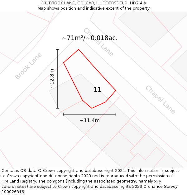 11, BROOK LANE, GOLCAR, HUDDERSFIELD, HD7 4JA: Plot and title map