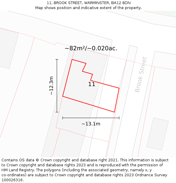 11, BROOK STREET, WARMINSTER, BA12 8DN: Plot and title map