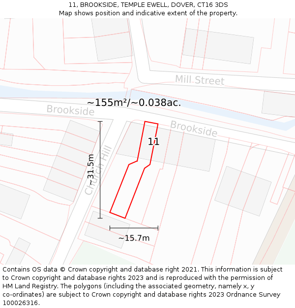 11, BROOKSIDE, TEMPLE EWELL, DOVER, CT16 3DS: Plot and title map