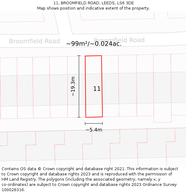 11, BROOMFIELD ROAD, LEEDS, LS6 3DE: Plot and title map