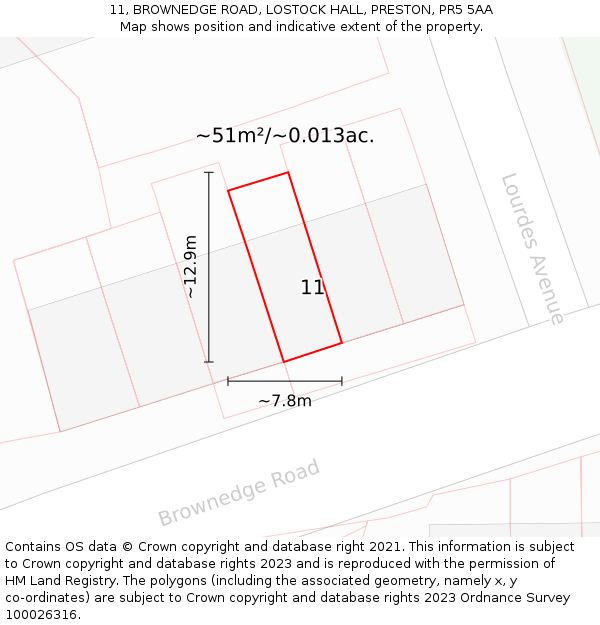 11, BROWNEDGE ROAD, LOSTOCK HALL, PRESTON, PR5 5AA: Plot and title map