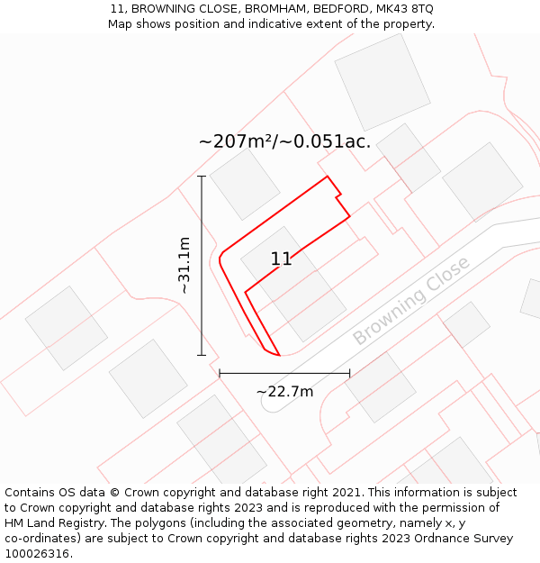 11, BROWNING CLOSE, BROMHAM, BEDFORD, MK43 8TQ: Plot and title map