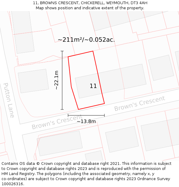 11, BROWNS CRESCENT, CHICKERELL, WEYMOUTH, DT3 4AH: Plot and title map