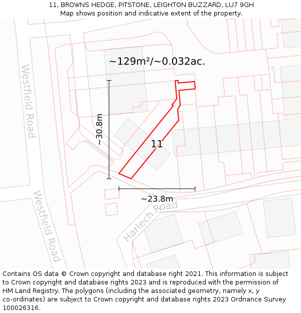 11, BROWNS HEDGE, PITSTONE, LEIGHTON BUZZARD, LU7 9GH: Plot and title map
