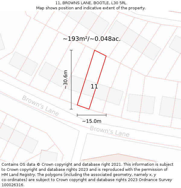11, BROWNS LANE, BOOTLE, L30 5RL: Plot and title map